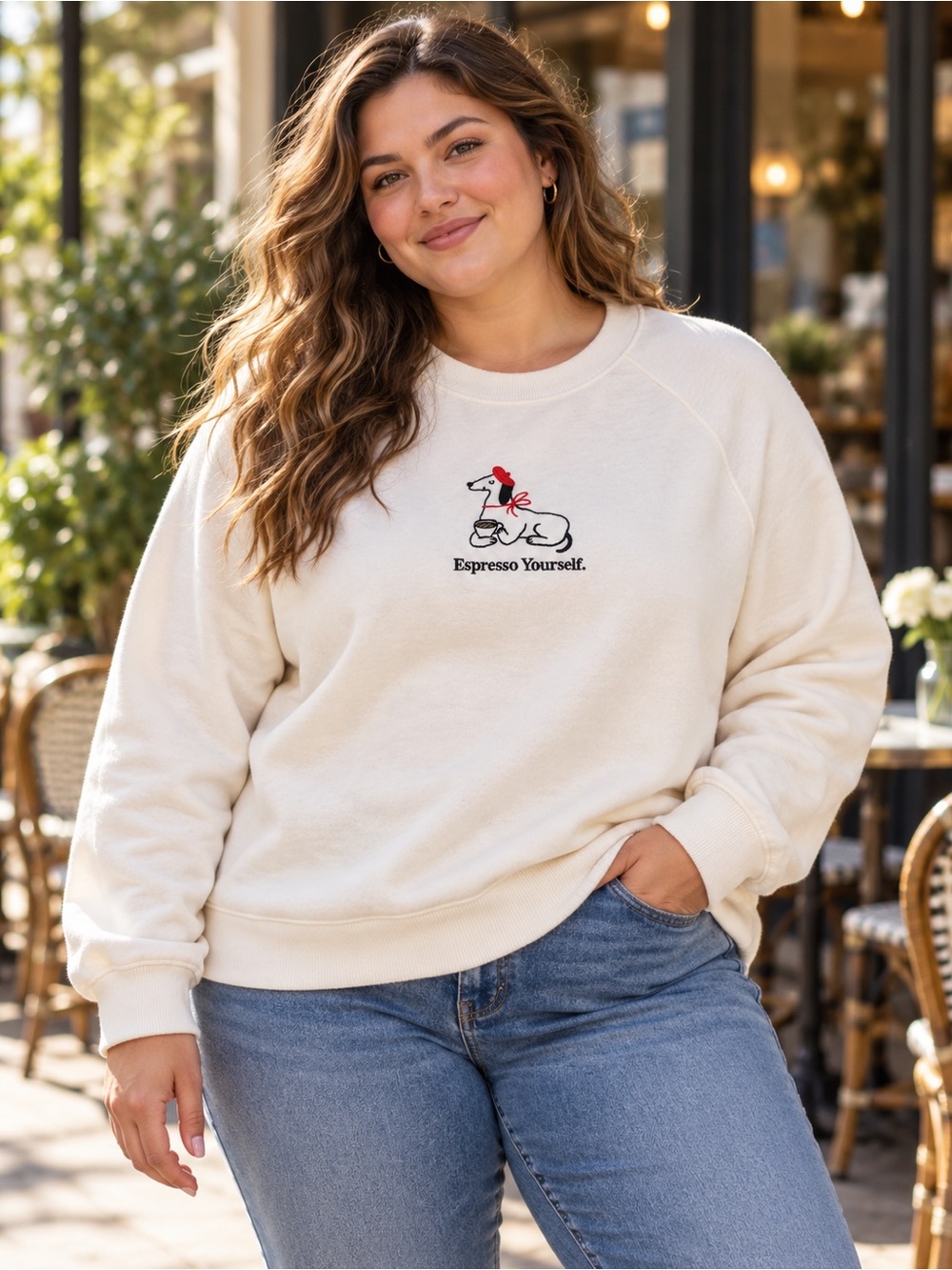 Old Navy SoComfy Espresso Yourself Embroidered Dog Sweatshirt Cream XXL